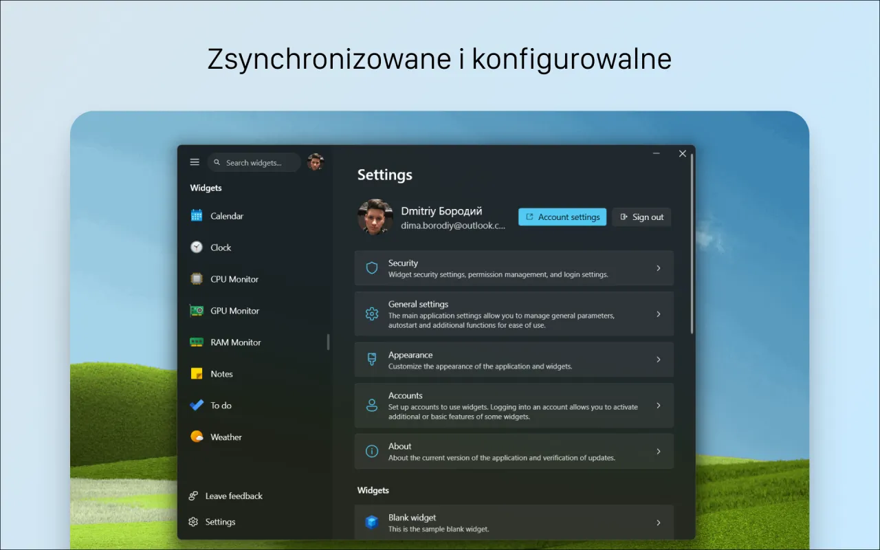 Ustawienia aplikacji Microsoft Start: zarządzaj widgetami, kontem i bezpieczeństwem.