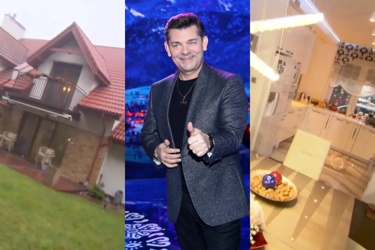 Dom Zenka Martyniuka w Białowieży: z zewnątrz, artysta w błyszczącym garniturze i nowoczesna kuchnia.