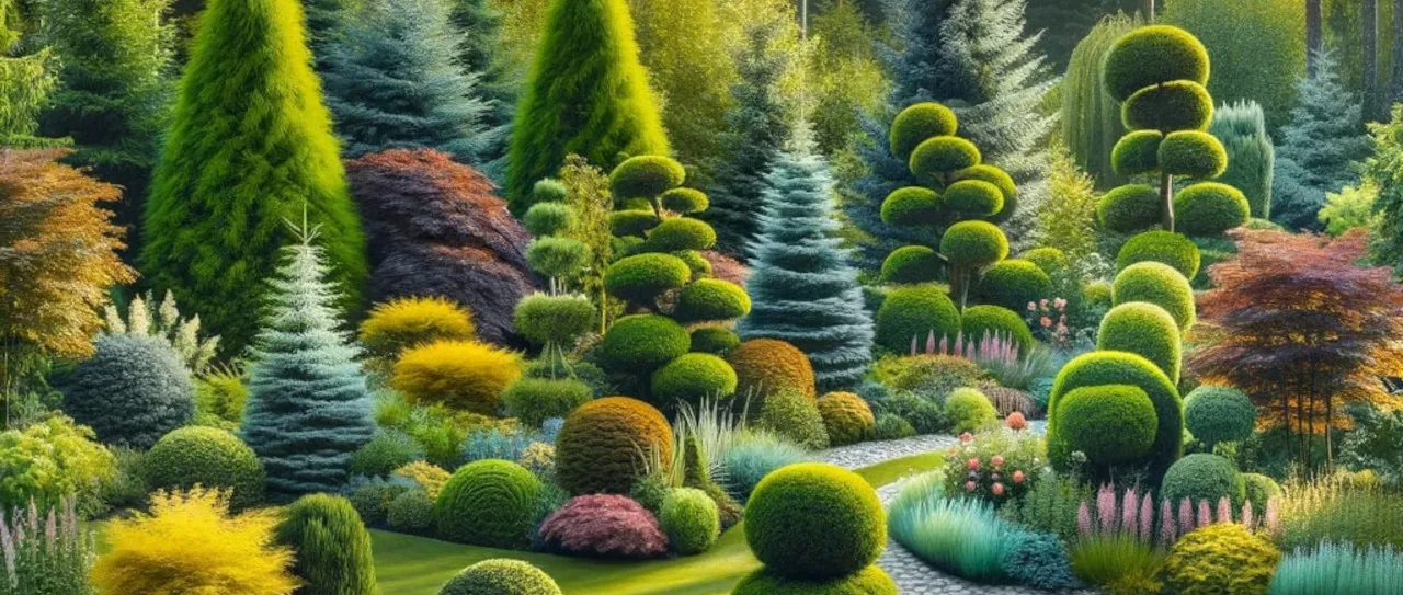 różne gatunki świerków w ogrodzie