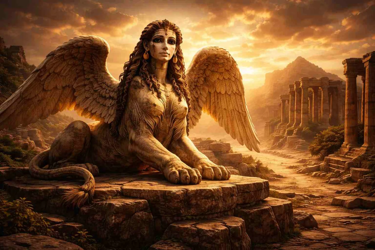 Skrzydlaty sfinks na tle antycznych ruin. Jego postać symbolizuje zagadka sfinksa znaczenie, tajemnicę i mądrość.