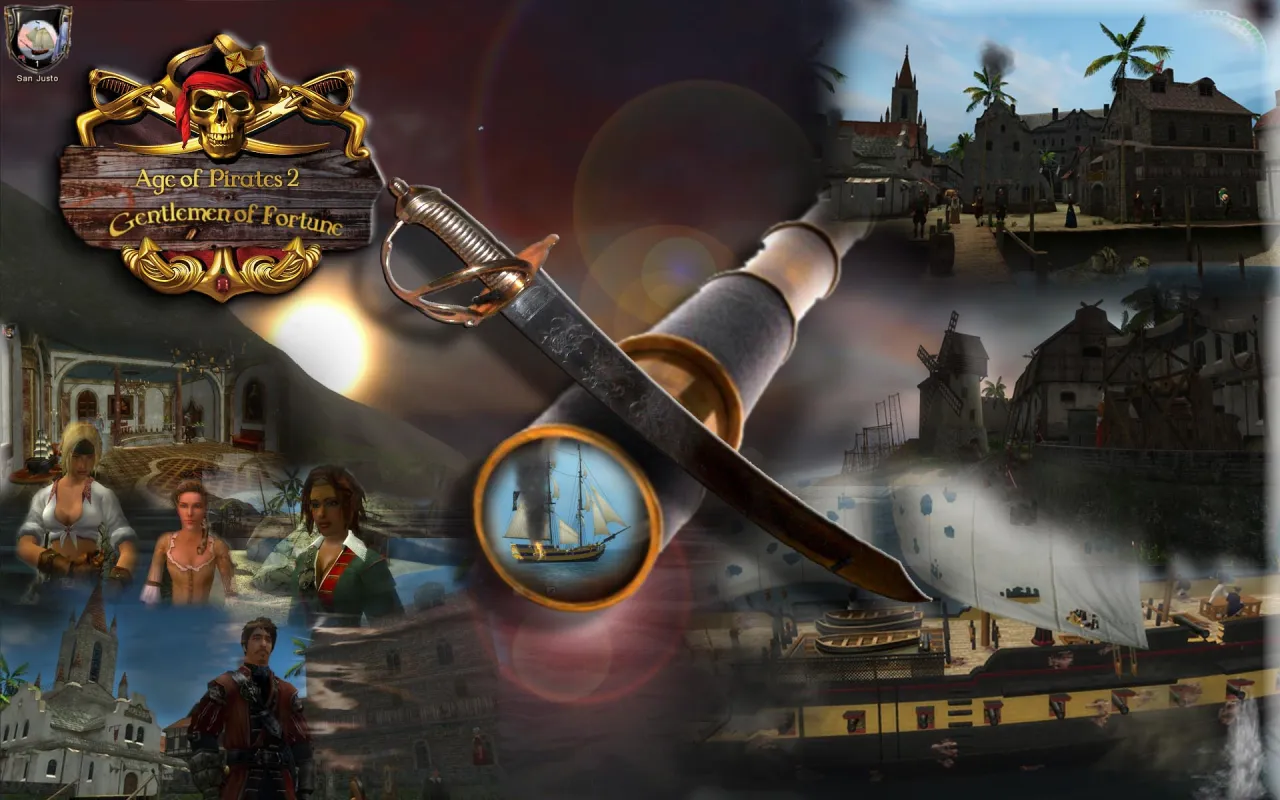 Logo Age of Pirates 2: Gentlemen of Fortune z szablą i lunetą, przez którą widać żaglowiec. W tle pirackie miasta i postacie.