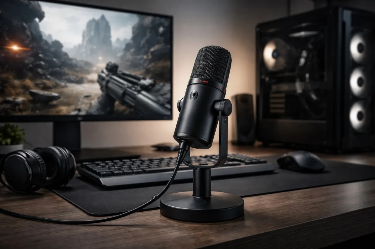 Zestaw do streamowania: mikrofon, słuchawki, klawiatura, mysz i komputer. Idealny dla każdego, kto chce zacząć jako content creator.