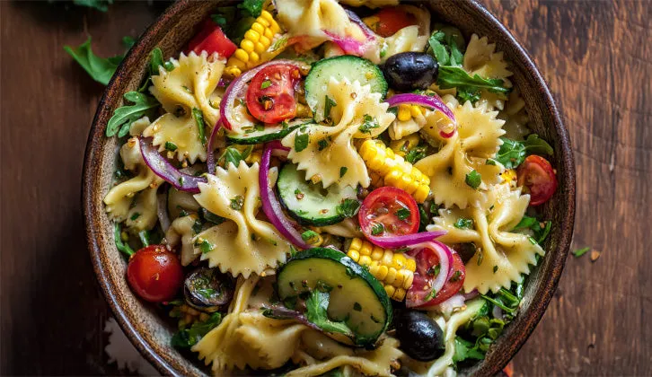 Spaghettisalat bunt in einer gro&szlig;en Sch&uuml;ssel auf einem Tisch angerichtet
