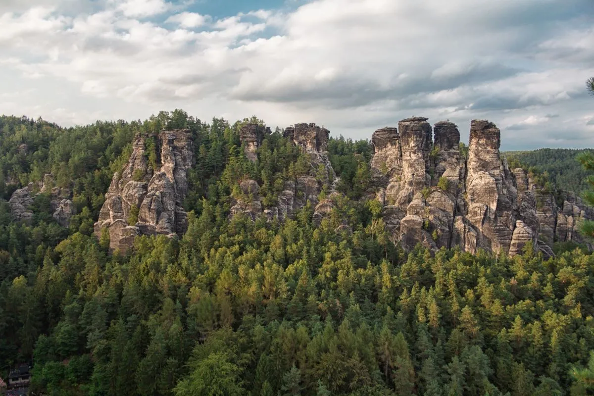 Imponujące skalne wieże w Szwajcarskiej Saksonii, porośnięte gęstym lasem iglastym, wznoszą się ku niebu.