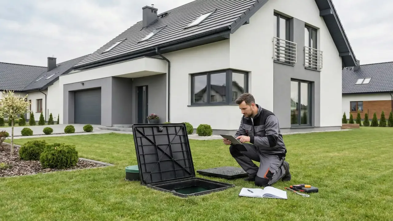 Pracownik sprawdza szambo. Gdy poczujesz smród z kanalizacji, wiesz gdzie zgłosić problem.