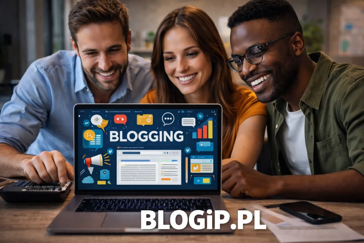 Trzy uśmiechnięte osoby patrzą na ekran laptopa z grafiką 