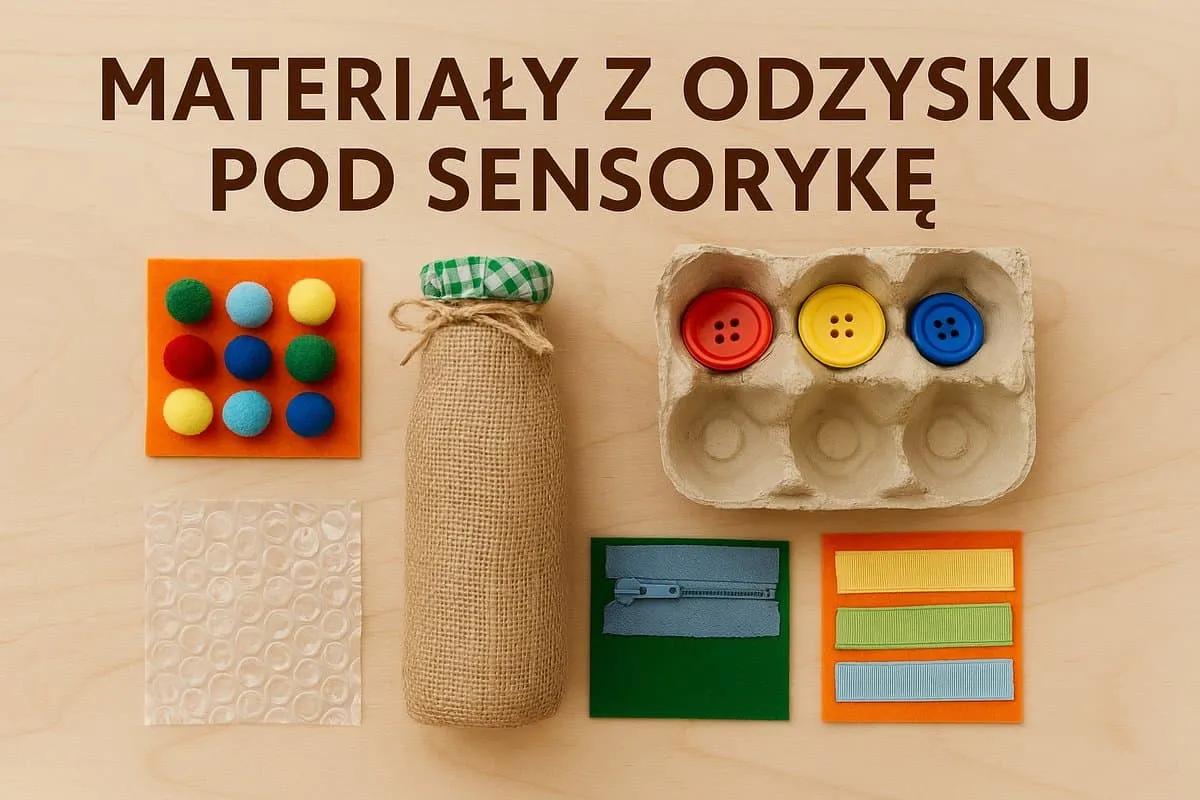 Materiały do zrobienia zabawek sensorycznych: pompony, guziki, suwak, wstążki, folia bąbelkowa i butelka.