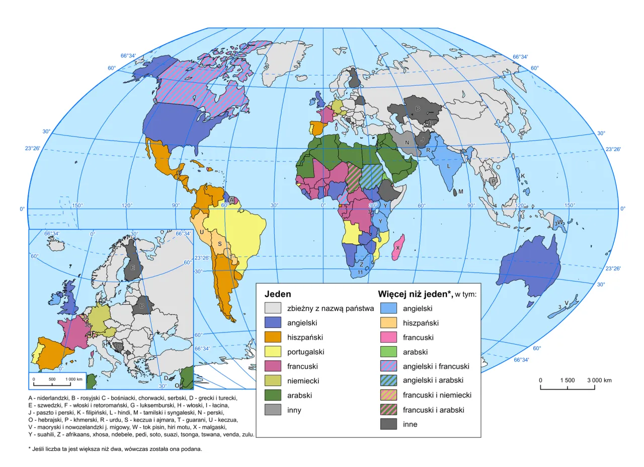 Mapa świata z zaznaczonymi językami i strefami wpływów