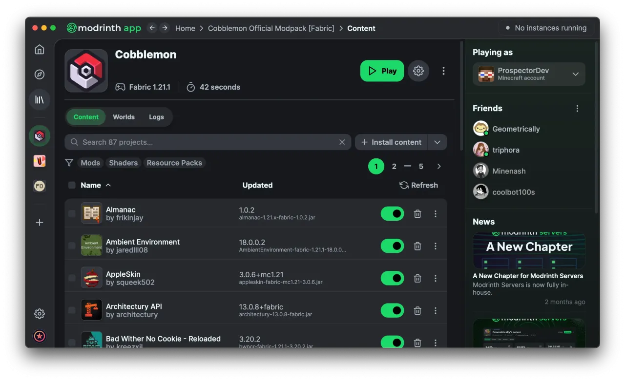 CurseForge Modrinth interface screenshots