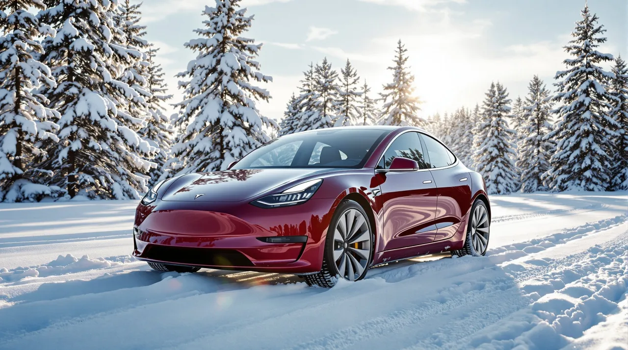 Czerwona Tesla Model 3 na zaśnieżonej drodze w lesie. Zastanawiasz się, ile przejedzie Tesla na jednym ładowaniu w takich warunkach?