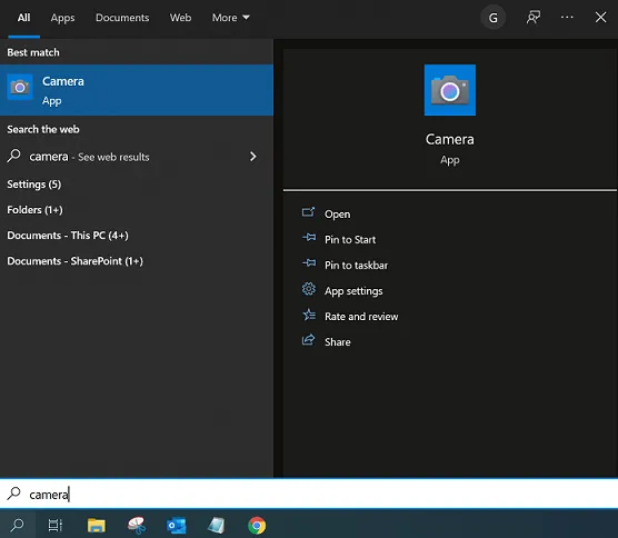 Aplikacja Aparat Windows 10 interfejs
