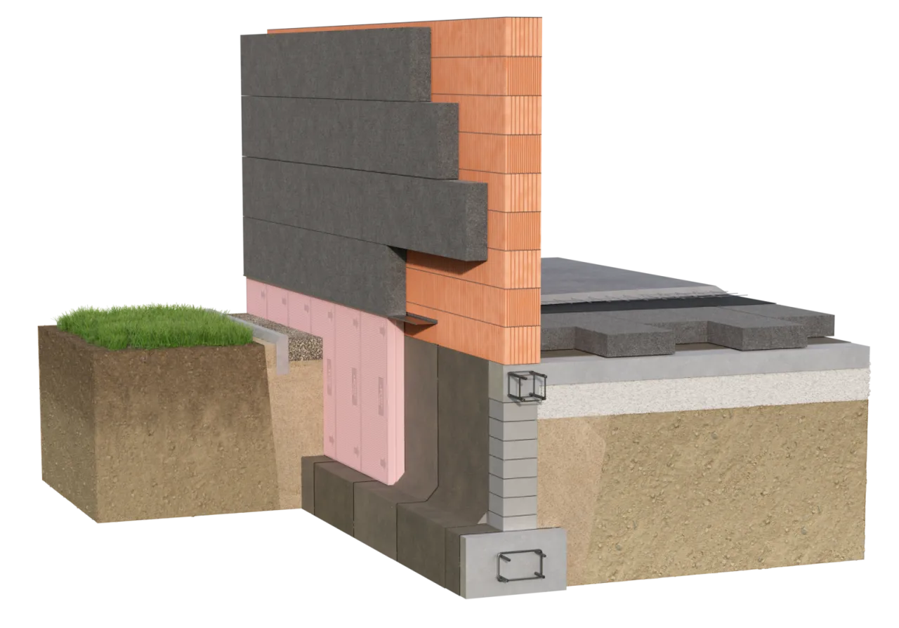 Przekrój pokazuje, jak głęboko ocieplać fundamenty. Widoczna izolacja termiczna ścian i płyty fundamentowej.