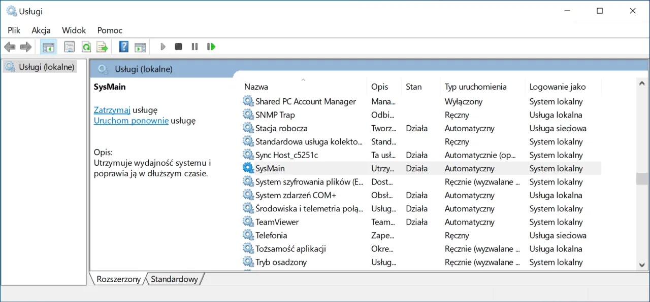 Okienko Usługi w Windows 10. Możesz tu zarządzać procesami, aby dowiedzieć się, jak wyłączyć programy działające w tle Windows 10.