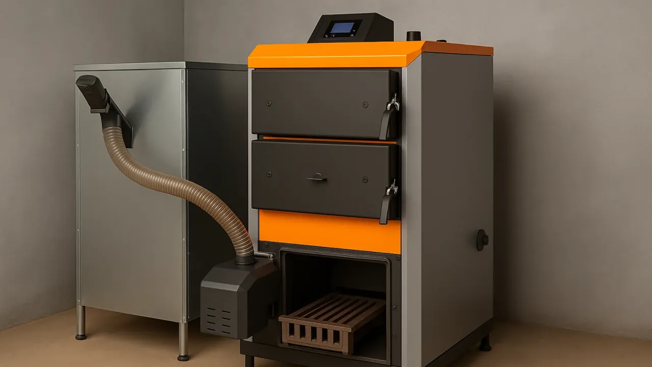 Nowoczesne kotły CO na pellet, z pomarańczowymi akcentami i cyfrowym panelem sterowania, obok metalowego zasobnika paliwa.