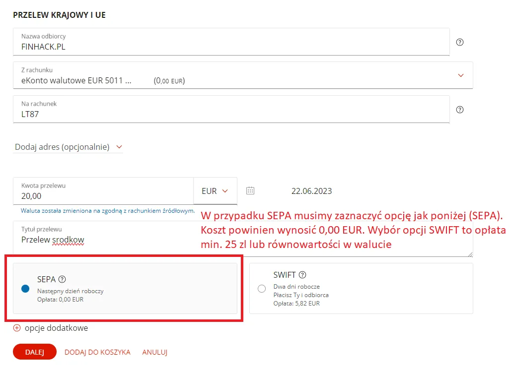 Przelew SEPA dane mBank