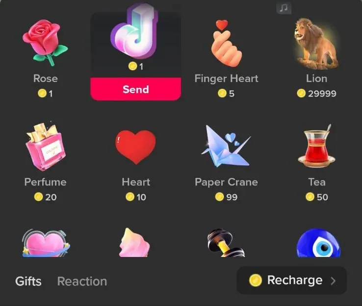 prezenty na TikTok LIVE interfejs