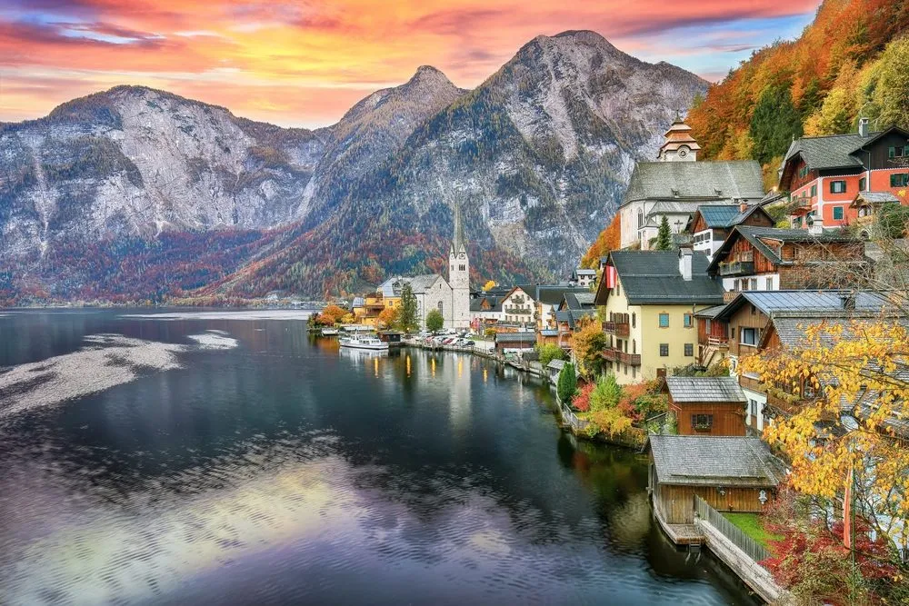 Hallstatt Austria widok na miasteczko i jezioro