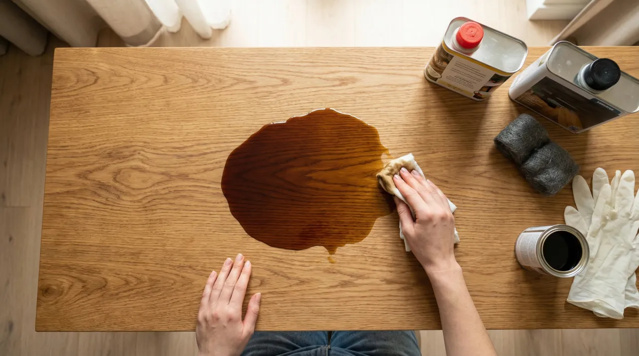 Olej do drewna na blacie stołu, ręka rozprowadza plamę. Obok puszki z olejem, druciak i rękawiczki. Zastanawiasz się, ile schnie olej do drewna?
