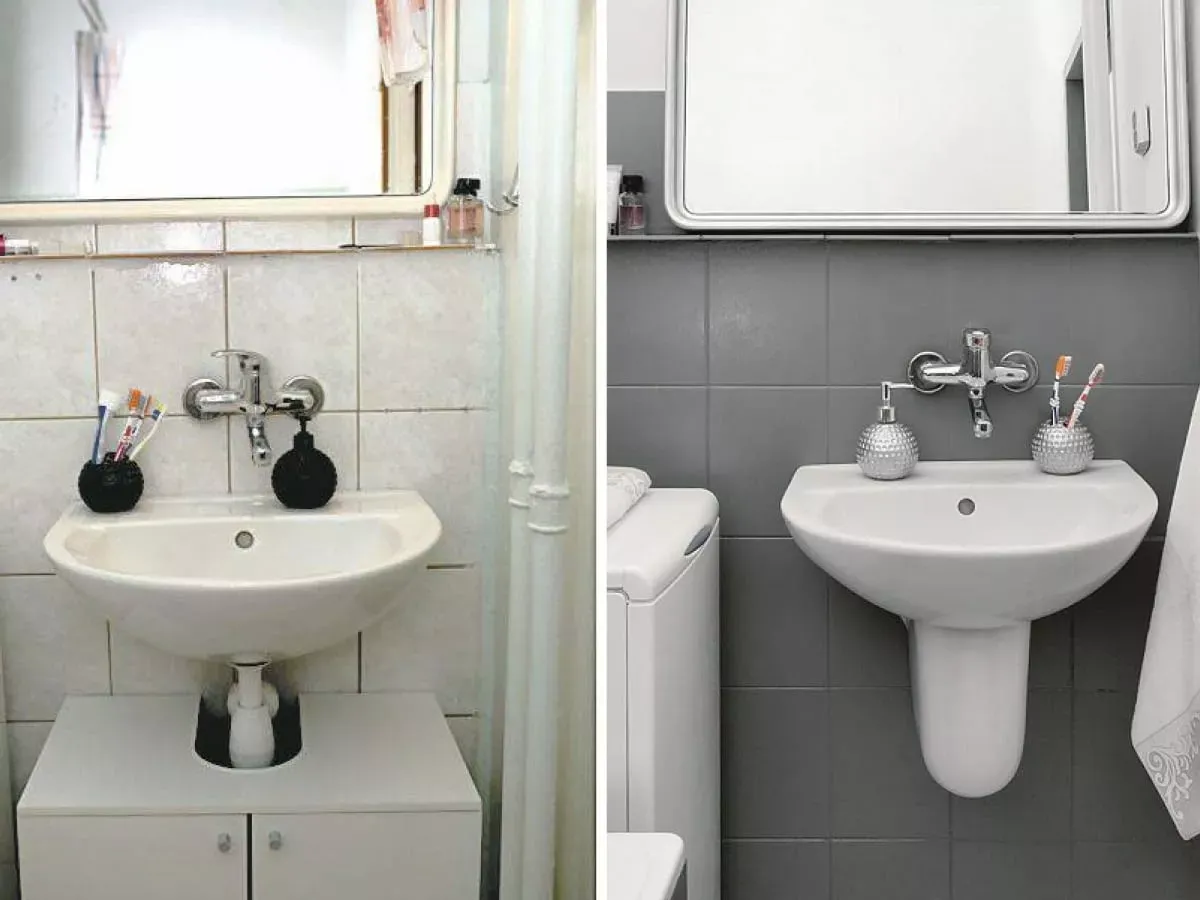 Przed i po: łazienka z białymi płytkami i czarnymi akcesoriami, potem z szarymi płytkami i srebrnymi dodatkami. Zastanawiasz się, czym pomalować fugi?