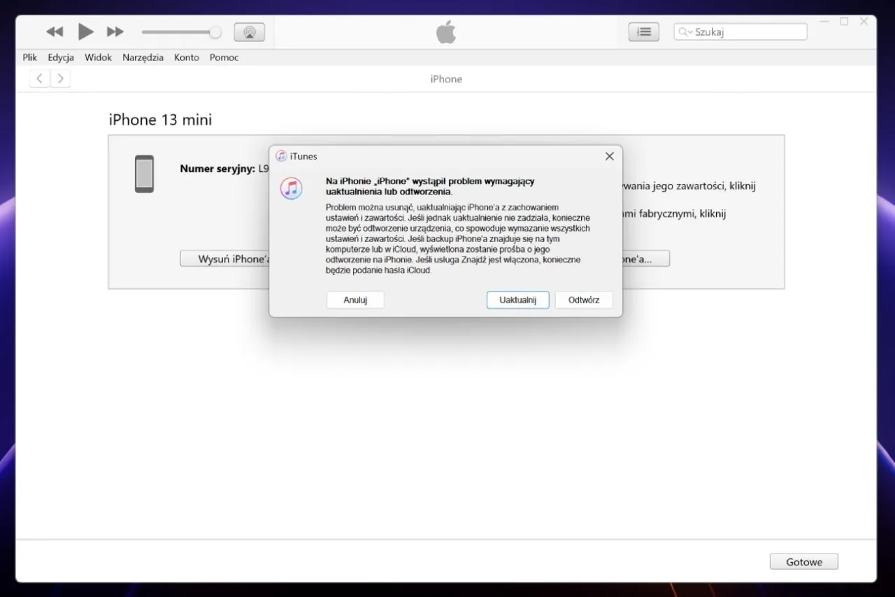 Komunikat iTunes informuje o problemie z aktualizacją iPhone'a. Aby rozwiązać problem, jak zmienić kod w iPhone, kliknij 