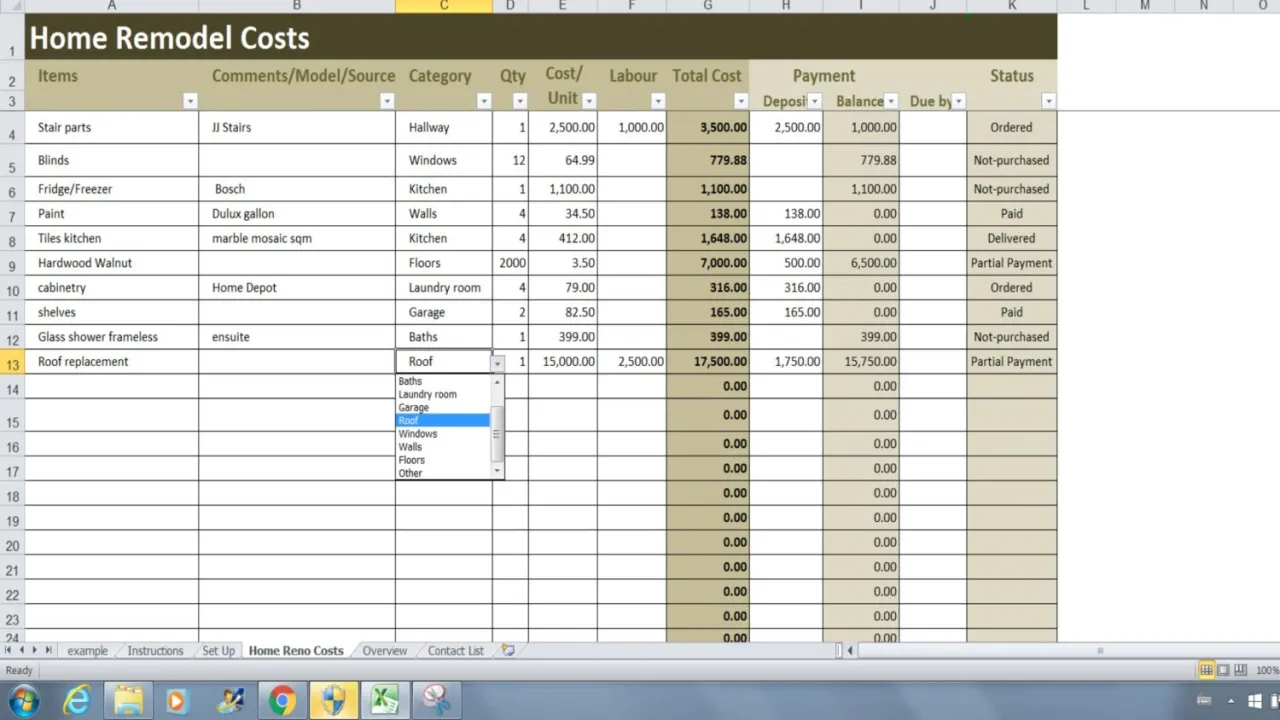 przykładowy kosztorys remontu mieszkania tabela excel