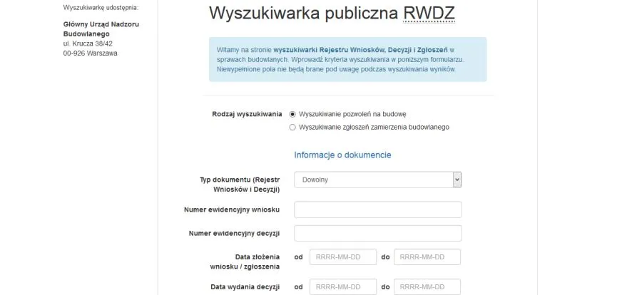 rejestr wniosków decyzji zgłoszeń budowlanych RWDZ