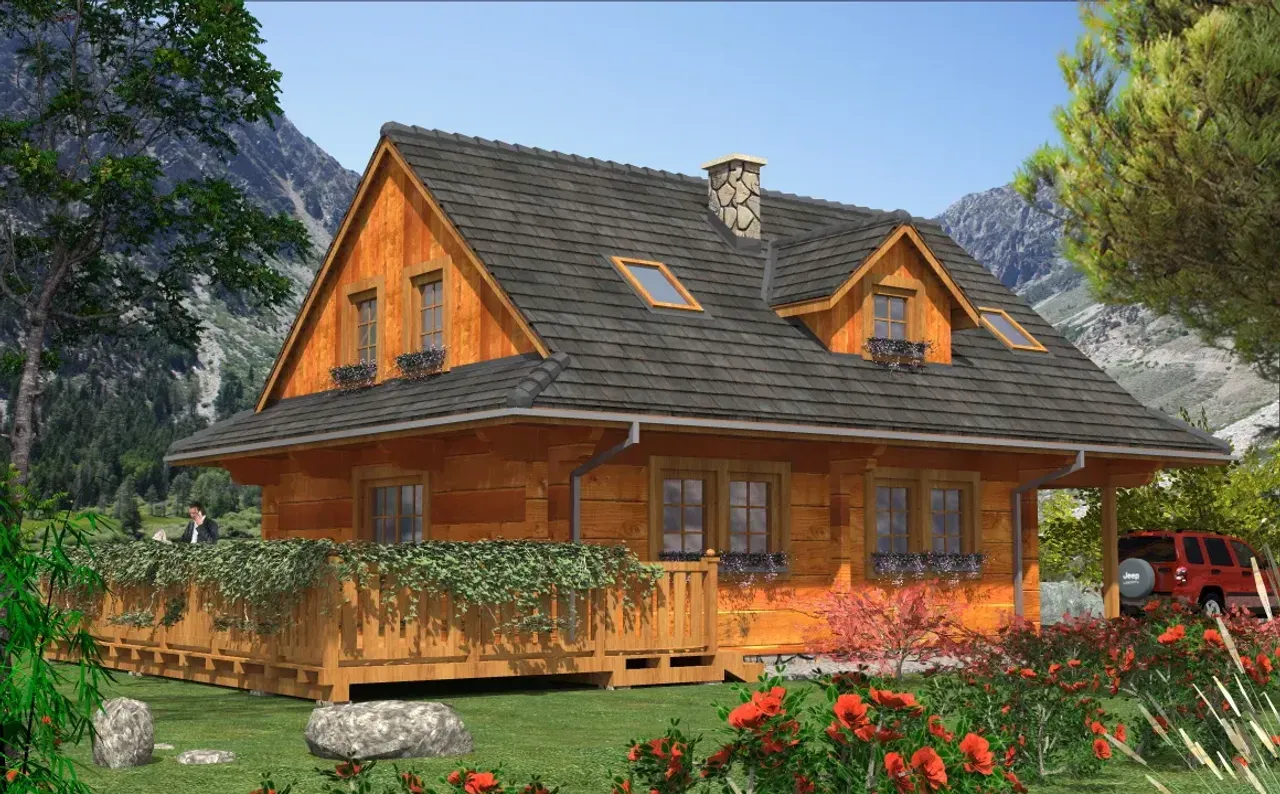 Wizualizacja domu z bali 100m2