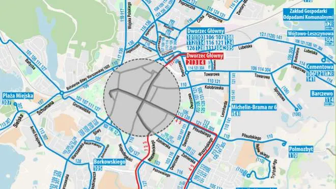 Mapa Olsztyna z zaznaczonym przystankiem autobusowym Grajan Tour Przemysłowa