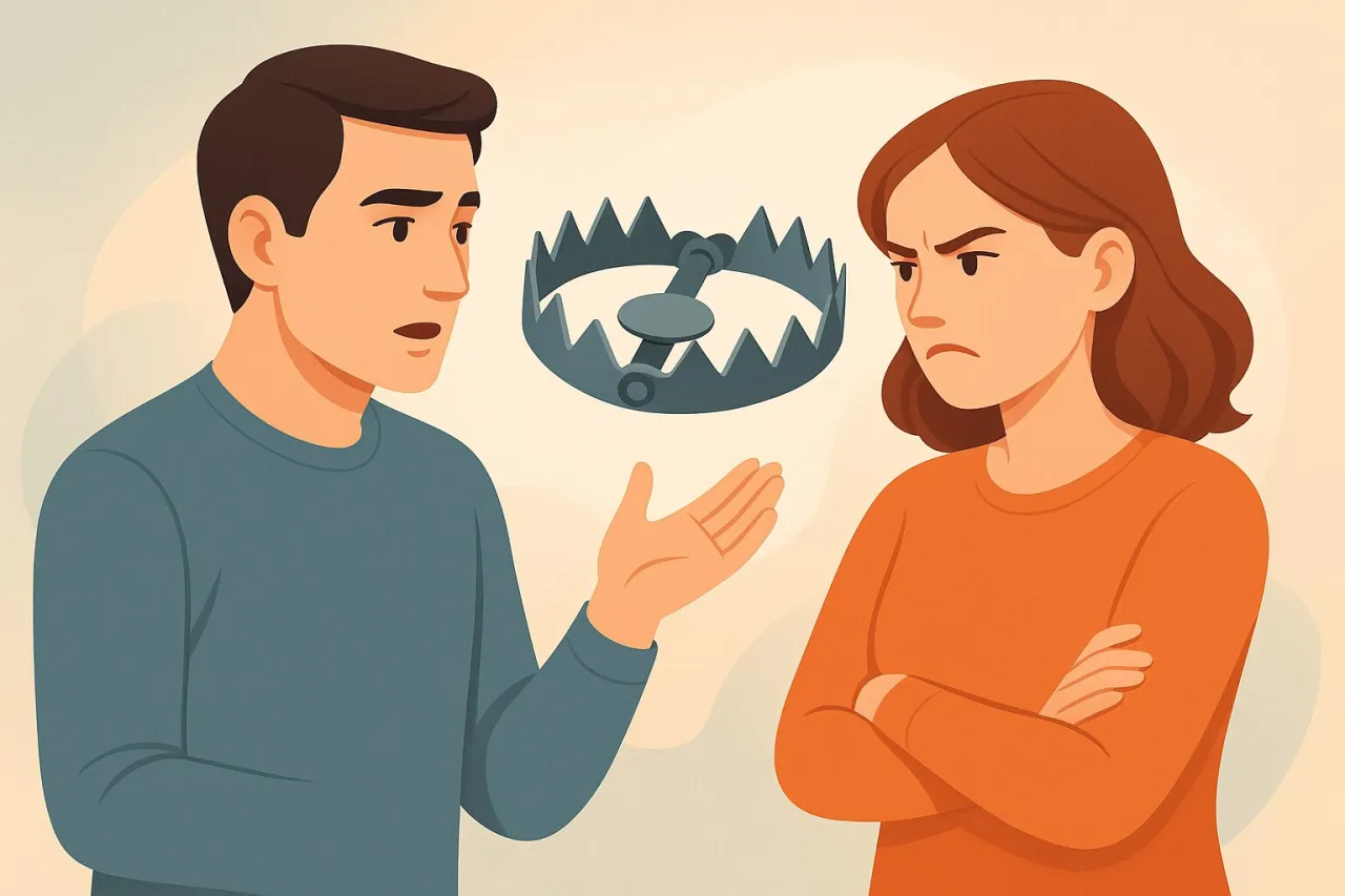 osoba zestresowana podczas rozmowy, symbol błędów i pułapek