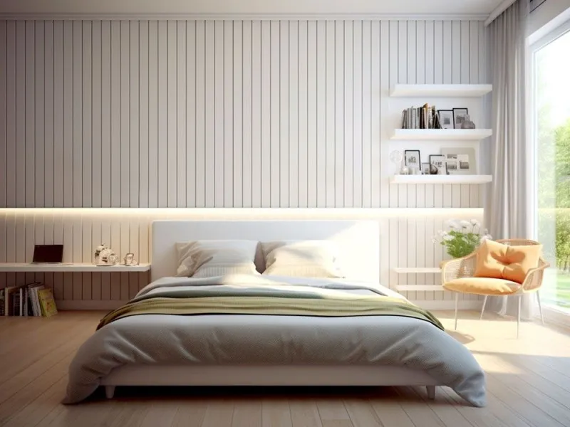 sypialnia białe meble lamele sztukateria tapeta