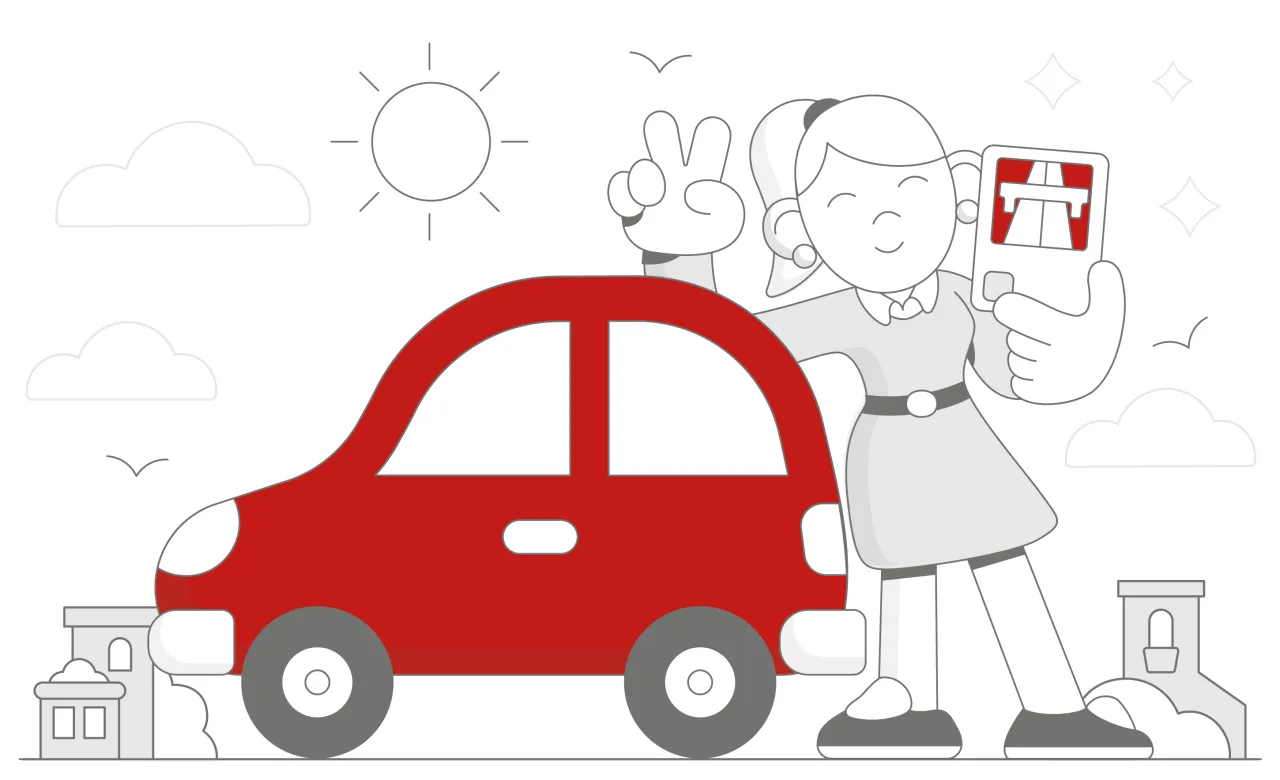 Dziewczyna z telefonem pokazuje kciuk w g&oacute;rę obok czerwonego samochodu. Uniknij kary za brak winiety Rumunia, kupując ją wcześniej!