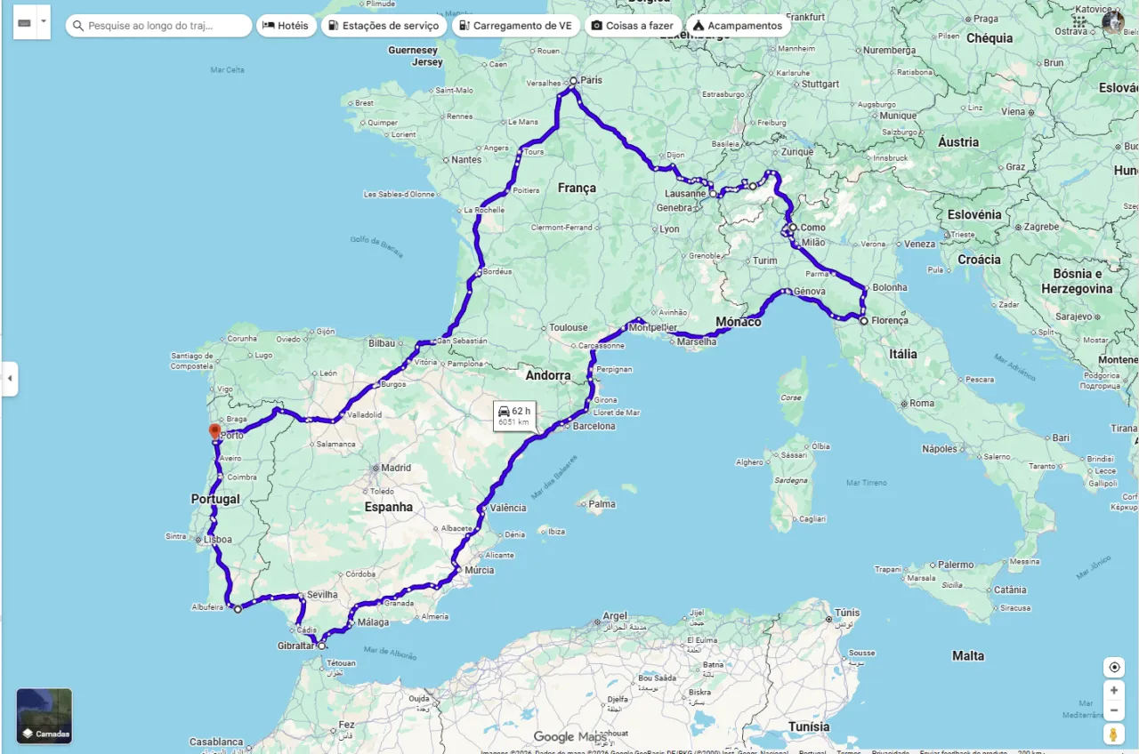 Mapa Europy z zaznaczoną trasą od Portugalii przez Hiszpanię, Francję, Monako, Włochy, aż po Słowenię. To podr&oacute;ż przez najpiękniejsze drogi w Europie.