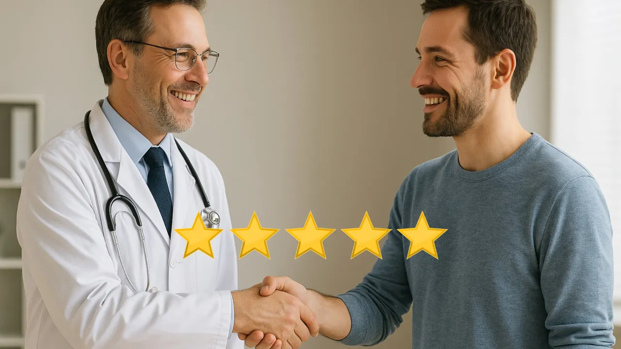 Lekarz i pacjent uśmiechnięci, ściskają sobie dłonie. Pięć złotych gwiazdek symbolizuje pozytywną ocenę, pokazując, jak napisać opinie o lekarzu.