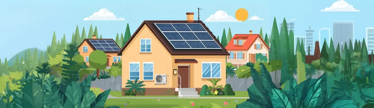 dom z panelami fotowoltaicznymi i klimatyzatorem