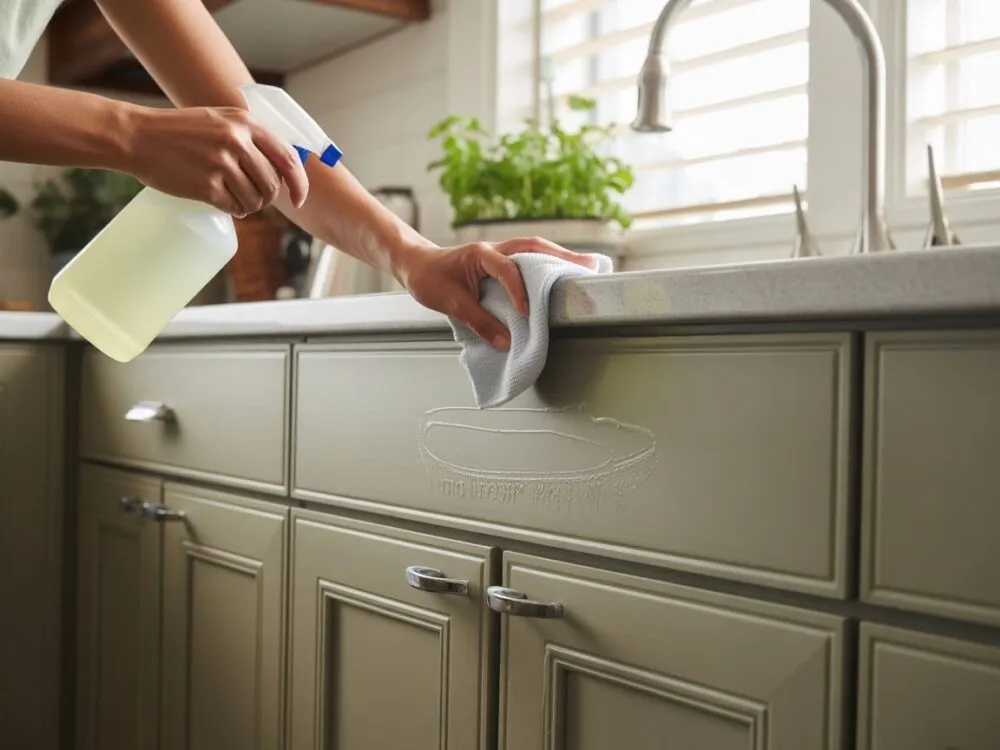 Osoba czyszcząca matowy front kuchenny ściereczką z mikrofibry