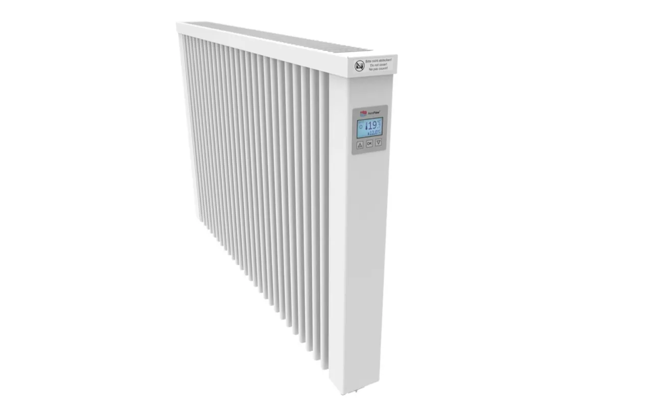 Nowoczesny grzejnik elektryczny z cyfrowym wyświetlaczem, idealny do ogrzewania domku letniskowego.