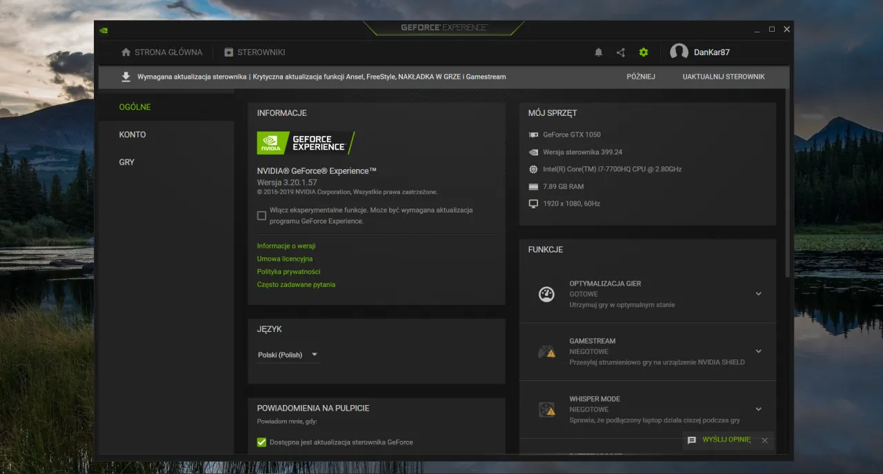 NVIDIA GeForce Experience aktualizacja sterowników