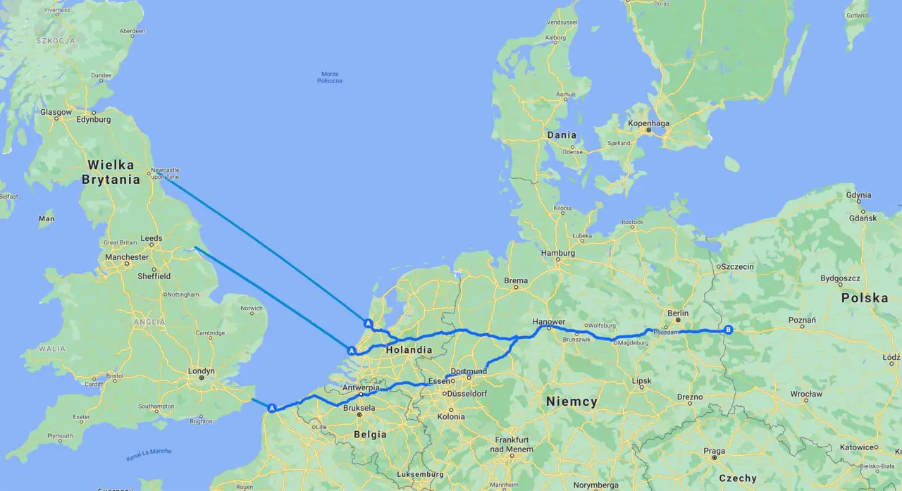Mapa trasy UK Polska Eurotunel prom