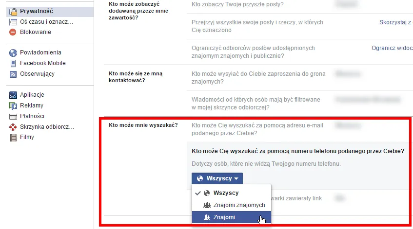 facebook ustawienia wyszukiwania po numerze telefonu