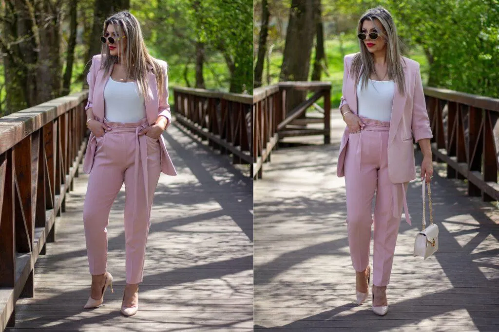 kobieta w stylizacji ze spodniami w kolorze pudrowego r&oacute;żu