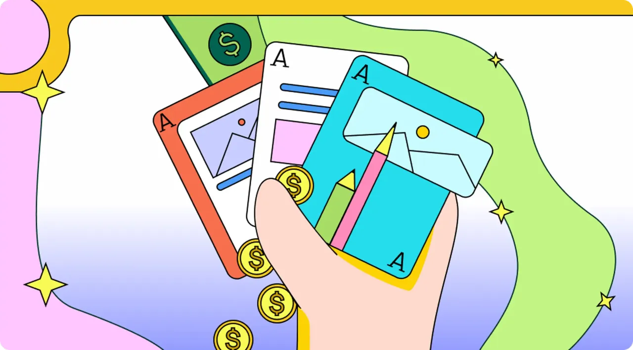 Karty z grafikami i symbolami dolara, trzymane w dłoni. Idealne do ilustracji na seo blogu o zarabianiu.