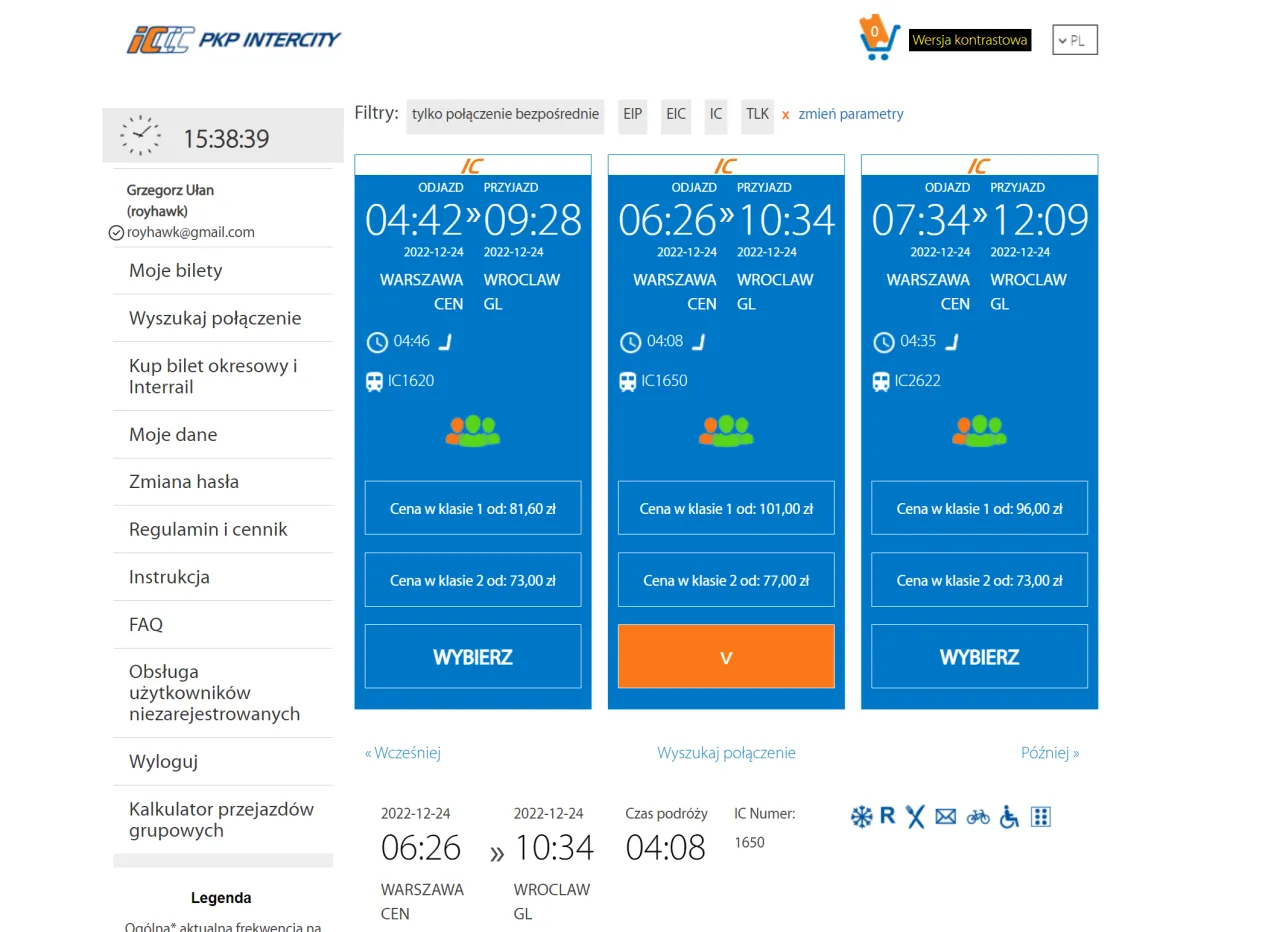 Szukasz informacji, ile wczesniej mozna kupic bilety na pociag? Na stronie PKP Intercity widzisz dostępne połączenia z Warszawy do Wrocławia.