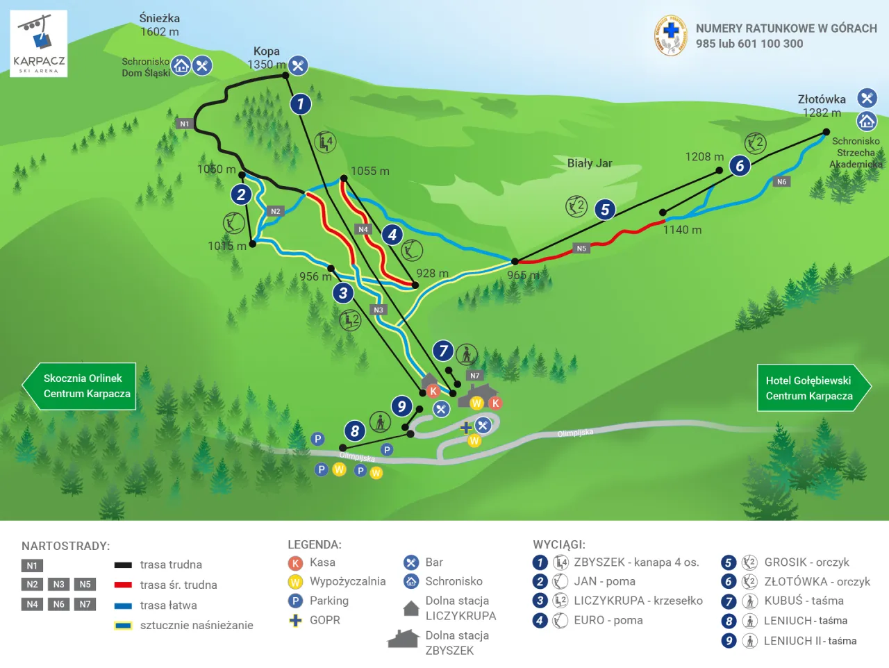Mapa Karpacz Ski Arena: trasy narciarskie, wyciągi i schroniska. Planujesz jakim szlakiem z dzieckiem na Śnieżkę? Znajdziesz tu łatwe i trudne trasy.