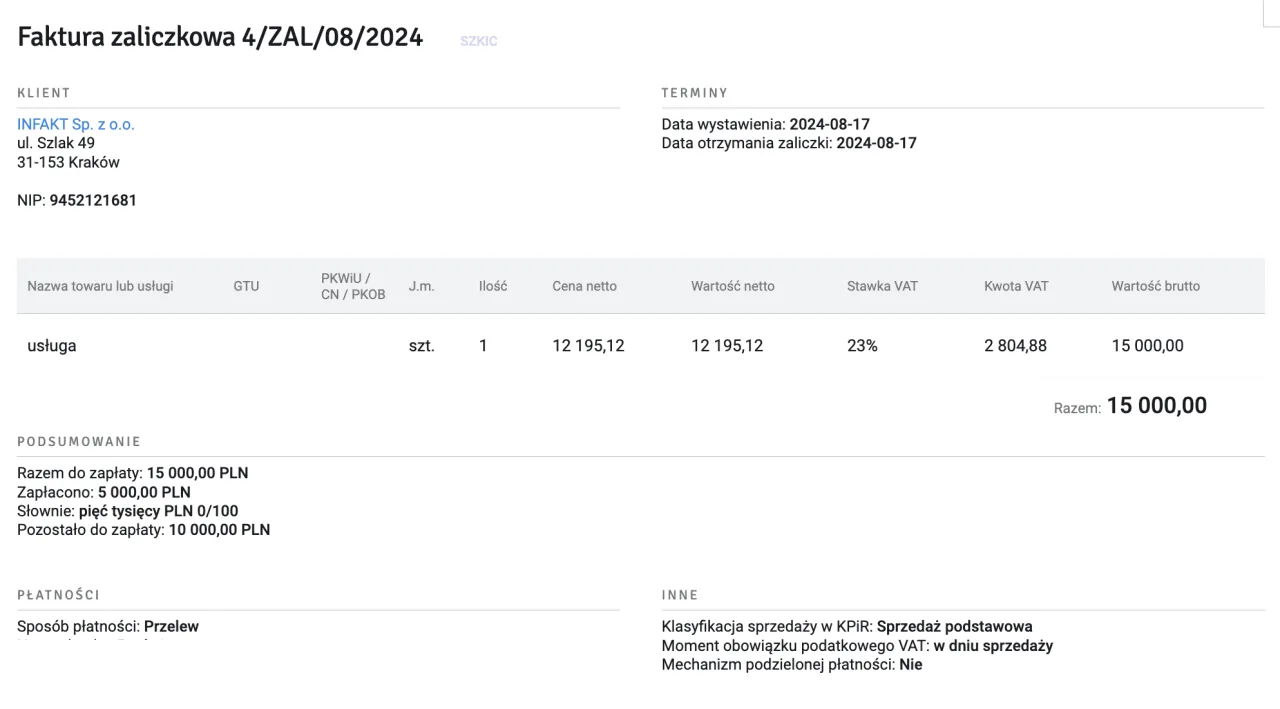 wzór faktury zaliczkowej