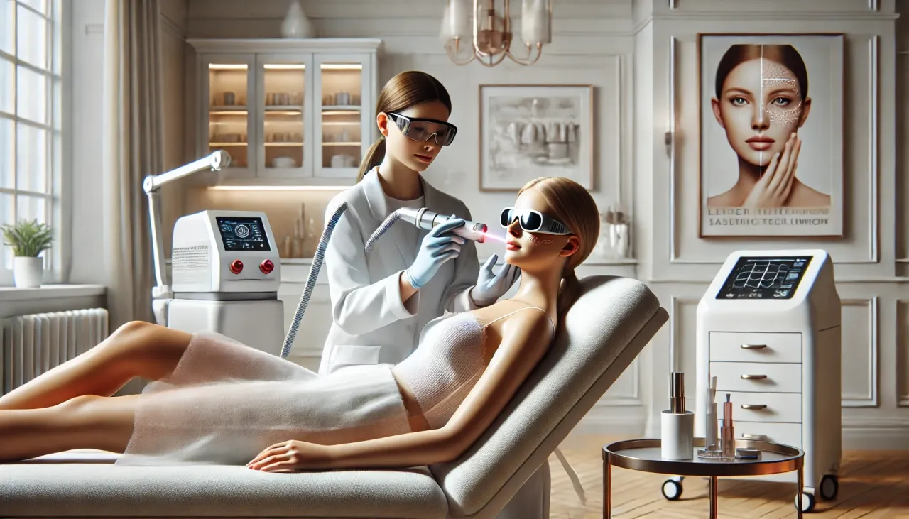 Zabieg laserem frakcyjnym: czy laser frakcyjny jest bezpieczny? Kosmetolog wykonuje zabieg na twarzy pacjentki w salonie piękności.