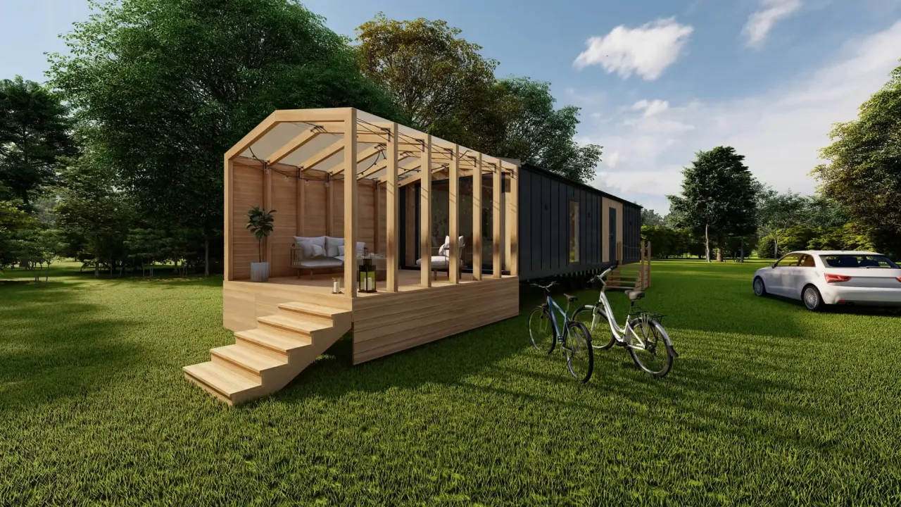 Nowoczesny domek holenderski z tarasem i rowerami. Czy domek holenderski wymaga pozwolenia na budowę? Sprawdź przepisy!