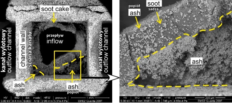 przekrój filtra DPF z sadzą i popiołem