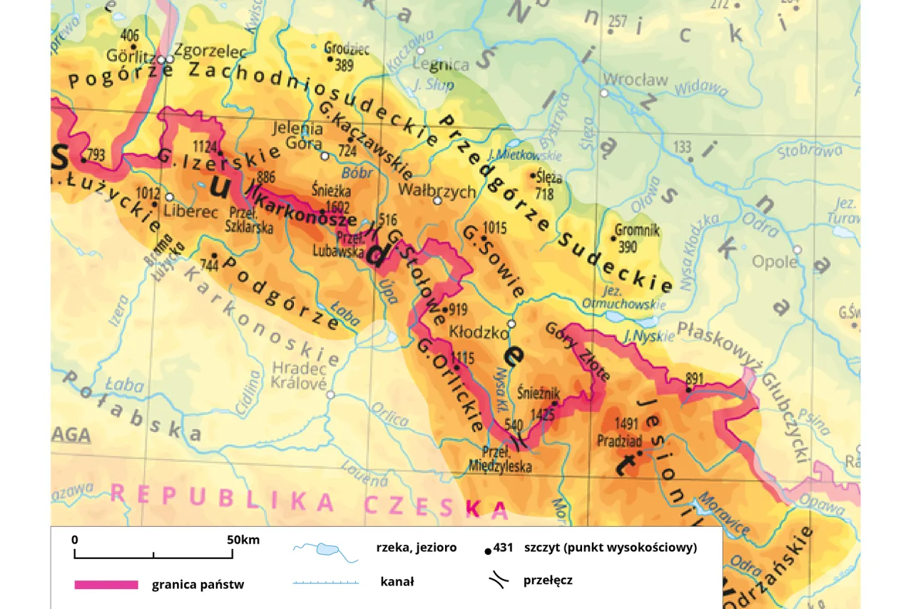 Mapa gór Polski z podziałem na Karpaty, Sudety, Góry Świętokrzyskie