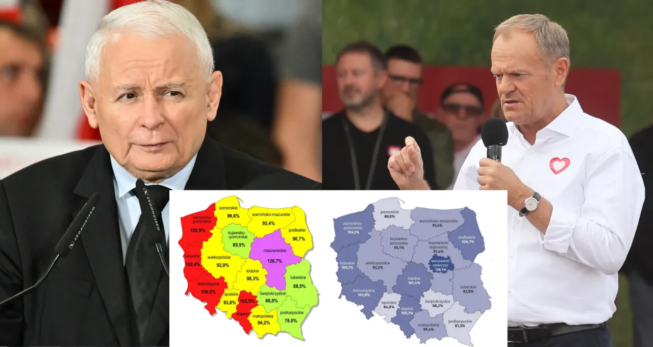Jarosław Kaczyński i Donald Tusk na tle map Polski z wynikami wyborów. Kiedy rządził PiS, wyniki w niektórych regionach były bardzo wysokie.