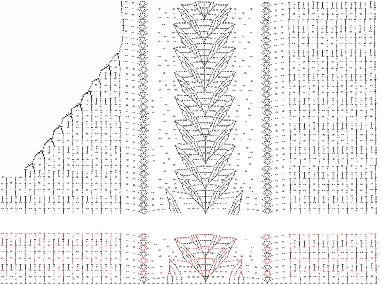 Schemat szydełkowy bluzki. Wz&oacute;r przedstawia detale, jak zrobić bluzkę na szydełku, z zaznaczonymi rzędami i oczkami.